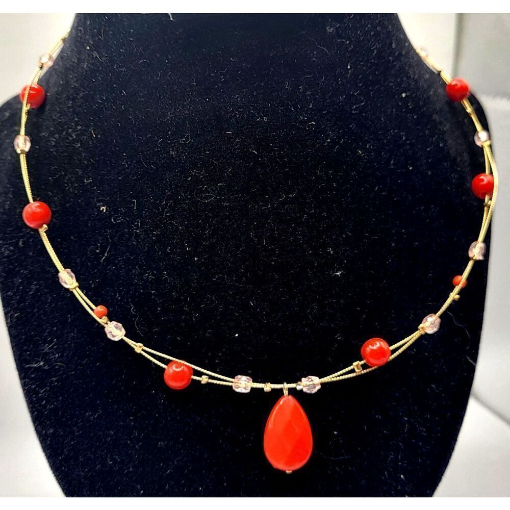 Fashion Red Floating Station Necklace with Pendant 16in
